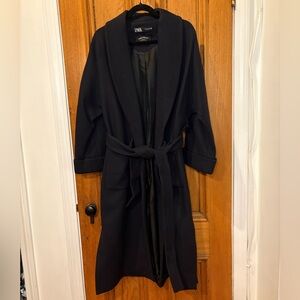 Zara Navy Shawl-Collar Belted Wool Trench Coat